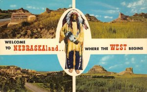 Nebraskaland Scotts Bluff Mitchell Pass Indian Chief '60s Vintage Postcard