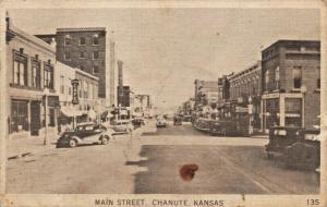 CHANUTE KANSAS MAIN STREET-CAFE & STOREFRONT-OLD CARS POSTCARD 1943 PMK