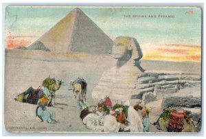 c1905 Camel and People Resting The Sphinx and Pyramid Egypt Antique Postcard