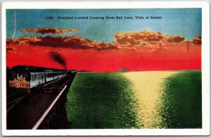 Overland Limited Crossing Great Salt Lake Utah at Sunset UT Railroad Postcard