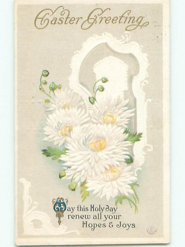 Pre-Linen easter BEAUTIFUL WHITE FLOWERS BESIDE WINDOW J2214