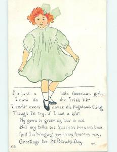 Bent Pre-Linen st. patrick's REDHEADED IRISH GIRL WITH GREEN BOW IN HAIR HQ8372