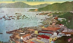 C. 1910 Hong Kong Harbor Bird's Eye View Vintage Postcard P144