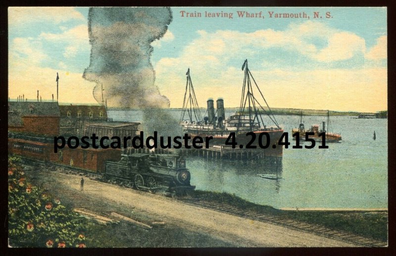 dc1847 - YARMOUTH NS Postcard 1920s Train Leaving Wharf. Steamers by McKinlay