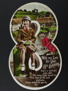 c1930's LITTLE GIRL WITH SKIPPING ROPE Cut Out Numeral 8th Birthday Postcard