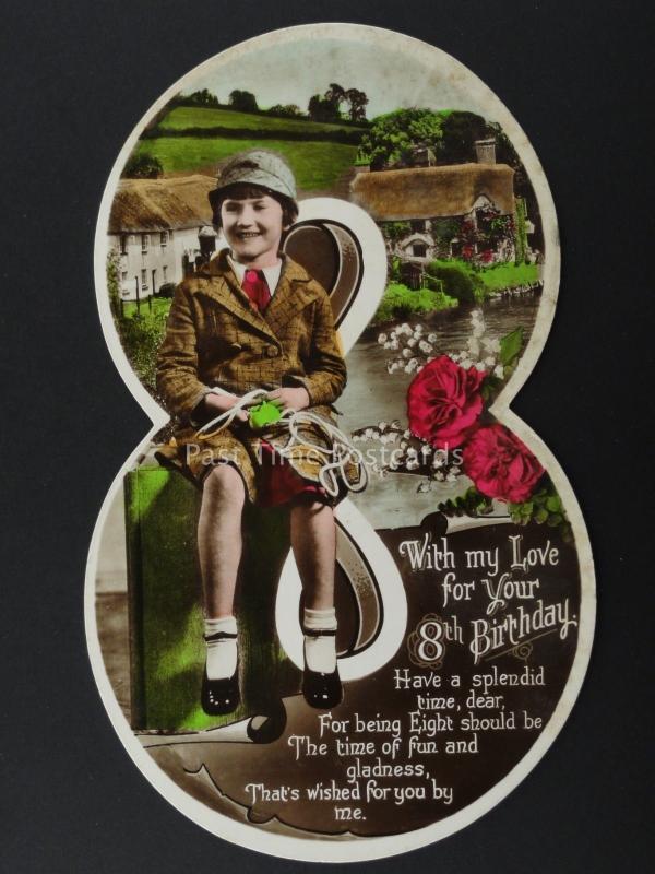 c1930's LITTLE GIRL WITH SKIPPING ROPE Cut Out Numeral 8th Birthday Postcard