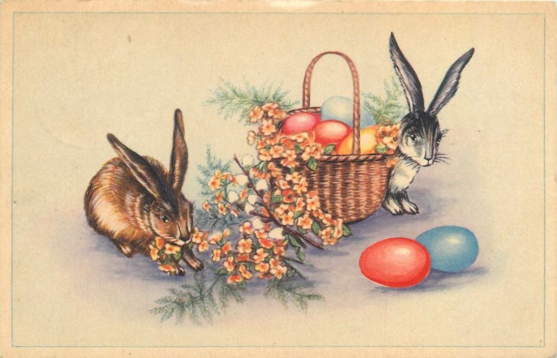 Postcard easter rabbits basket greetings eggs fantasy