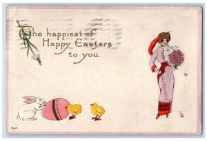 1916 Happy Easter Woman Dress Rabbit Egg Chicks Embossed Cleveland OH Postcard