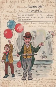 Parachute & Hot Air Balloon Street Market Trader Antique Comic Humour Postcard