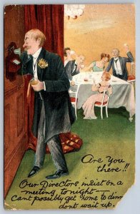 A Lying Phone Call To His Wife, Don’t Wait Up!, Antique 1911 Comic Postcard