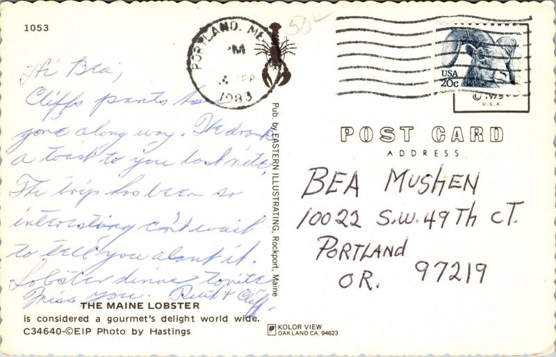 Maine Lobster From Sea Pot Postcard PM Portland ME Cancel WOB Note VTG 20c Stamp 