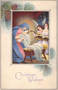 Christmas Wishes Religious Baby Jesus Angels Mary Antique Postcard K40369