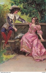 Man and woman gazing at each other in park setting, gold detail, PU-1906