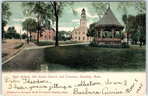 c1900s UDB Reading, MA High School Old South Church Postcard Brookline Sta. A102