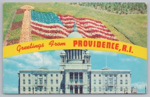 Greetings~Providence RI~Floral Flag~Roger Williams Park~Capital~Lusterchrome~Vtg