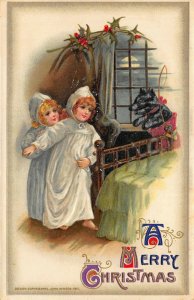 John Winsch A Merry Christmas' Two Young Girls Getting Ready For Santa Postcard