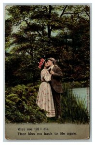 Vintage 1900's Humor Postcard Kiss me till I die Poem Couple Kissing in Park