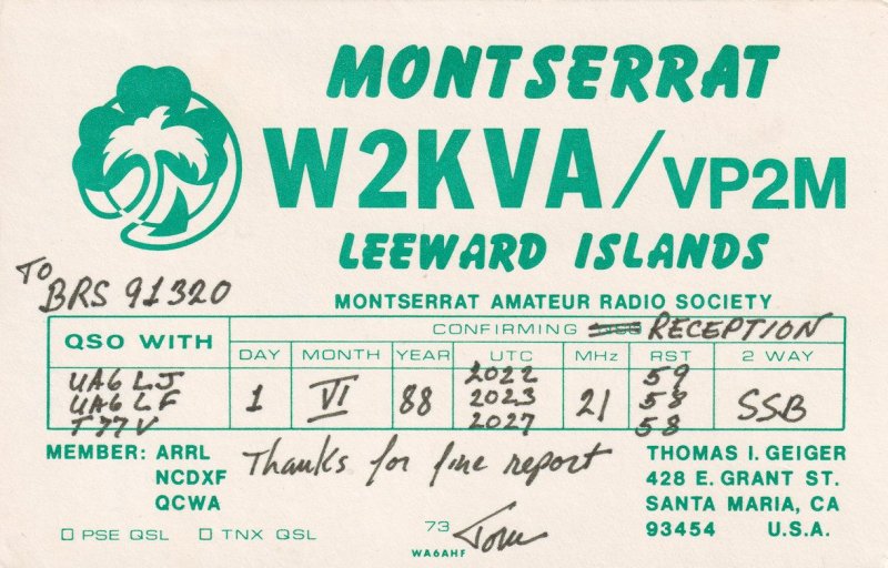 Leeward Islands Caribbean Montserrat Amateur Radio Society QSL Card