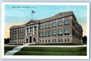 Burlington Iowa IA Postcard High School Building Exterior c1920's Vintage Flag