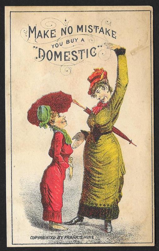 VICTORIAN TRADE CARD Domestic Sewing Machine Lady Raising Arm to Other Lady