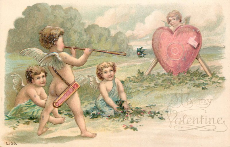 Embossed Valentines Postcard Cupid Blows Dart At Heart Target