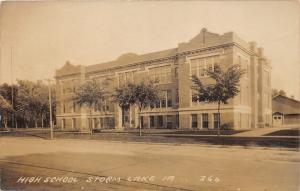 Storm Lake Iowa~High School Building~Small Trees Along Street~c1930s RPPC