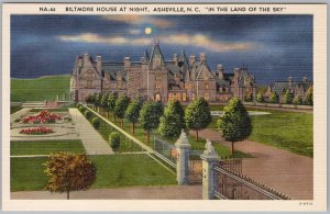 Biltmore House at Night Asheville NC Linen Postcard Vanderbilt Mansion H82