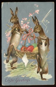 h2305 - EASTER Postcard 1912 Embossed Rabbits Egg Basket by Tuck