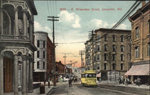 Janesville Wisconsin WI East Milwaukee St. Trolley c1910 Postcard