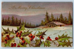 Christmas Postcard Holly Berries House Scene Winter Embossed Pittsburg PA 1910