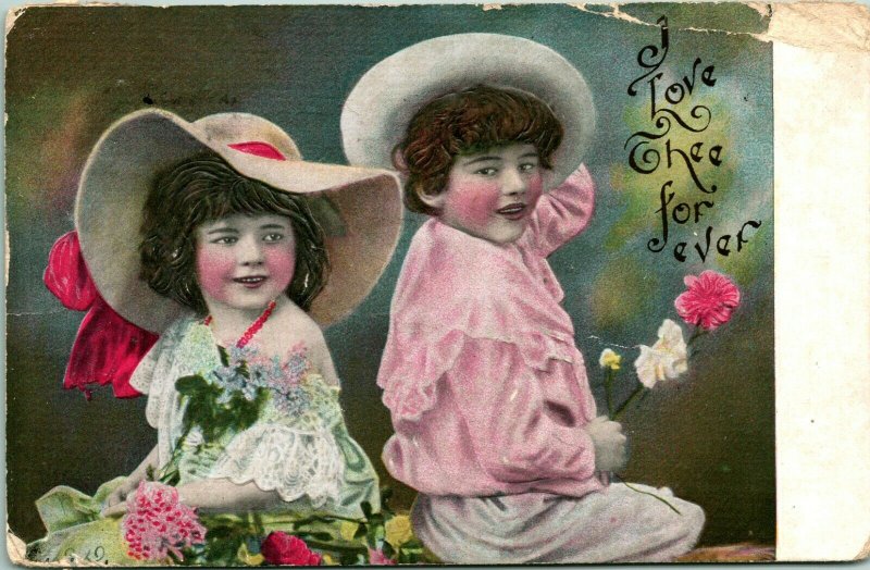 Vtg Postcard 1907 Victorian Valentines Card - Embbossed Children w Flowers