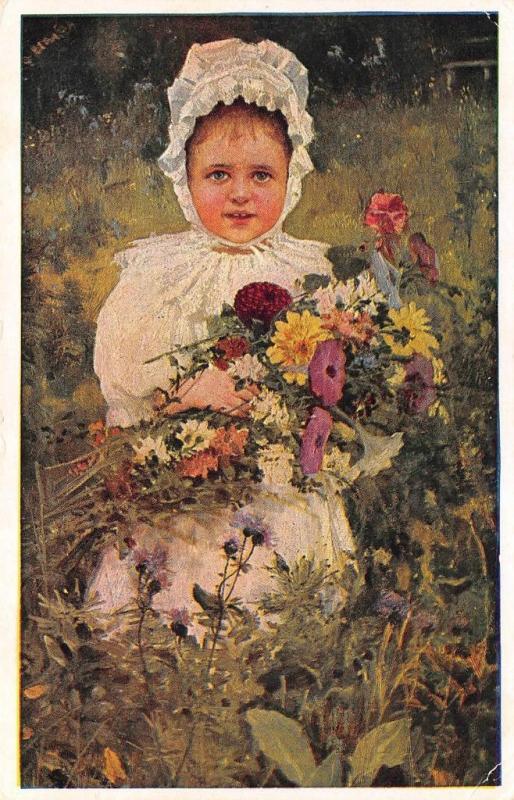 LITTLE GIRL In A BONNET Holding WILDFLOWERS In A MEADOW   1919 Postcard