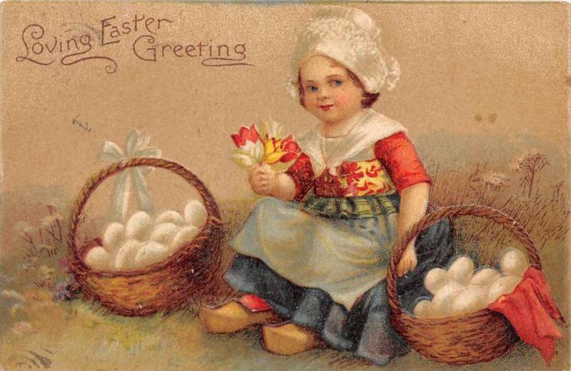 Easter Dutch girl with baskets  of white eggs