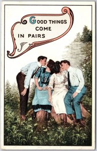 Good Things Comes In Pairs Sweet Two Couple Kissed In Forest Antique Postcard