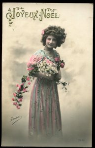 Joyeux Noel. Merry Christmas. Vintage French hand tinted RPPC. Trisa