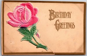 Birthday Greeting Flowers Embossed Pink Rose Bordered Postcard