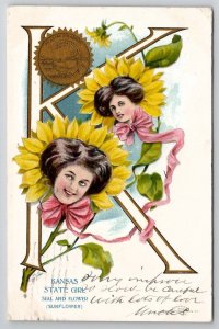 Kansas State Girl Seal & Flower Sunflower 1907 McDowell VA Postcard X23