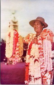 Postcard Hawaii - Lei Seller and Aloha Tower