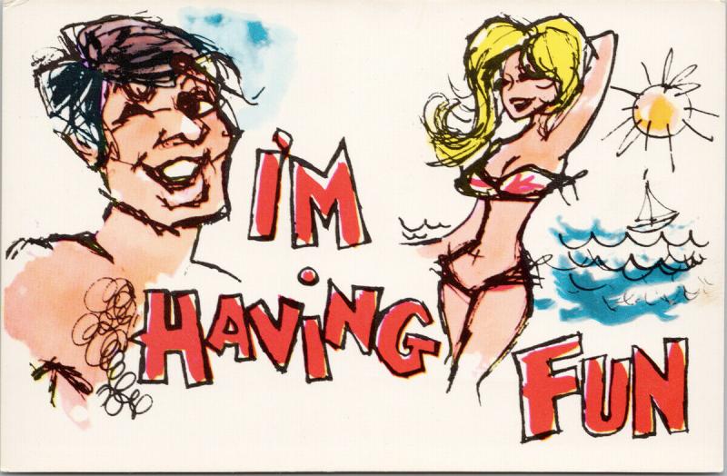 'I'm Having Fun' Woman Bikini Beach Man Comic UNUSED Vintage Avon Postcard D84 
