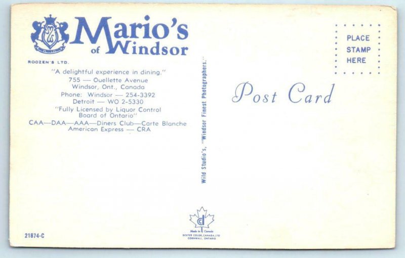 2 Postcards WINDSOR, Ontario Canada ~ MARIO'S OF WINDSOR Roadside Restaurant