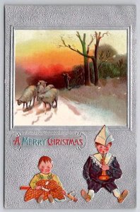 Christmas Greeting Cute Children Holding Toys And Sheep With Herder Postcard C39