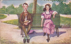 Young Romantic Couple Sitting On Park Bench Spring Chickens 1909