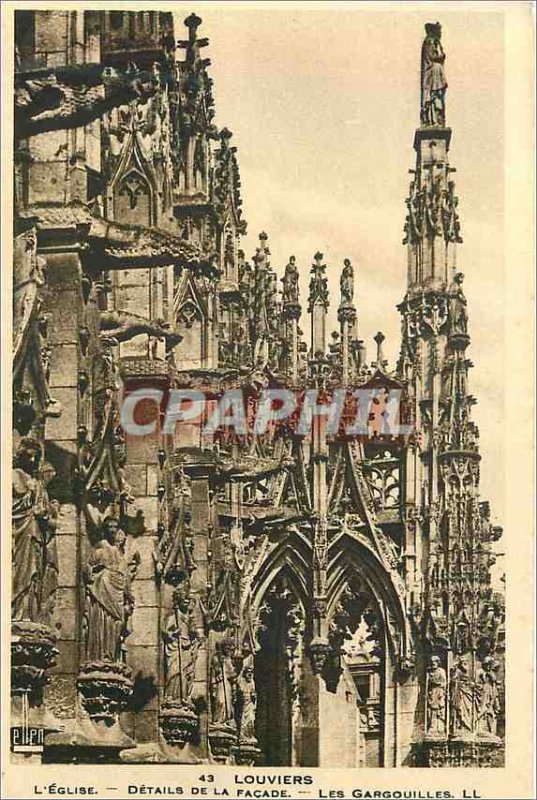 Old Postcard 43 louviers the church facade details of gargoyles