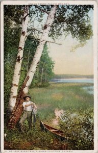 Lake Minnitari Nibigami District Ontario ON Fisherman Canoe GTPR Postcard H20