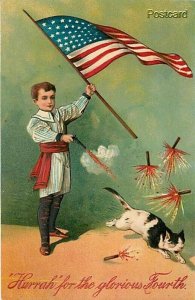Greetings Fourth of July, Boy with gun, US Flag, Cat, Fireworks