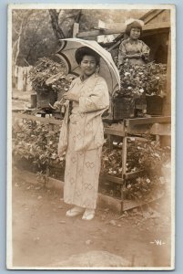 c1910's Japanese With Umbrella Kimono Florist Shop Japan RPPC Photo Postcard