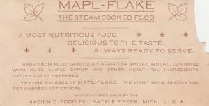 Victorian Trade Card Mapl-Flake Breakfast Food Hygienic Food Co Battle Creek MI