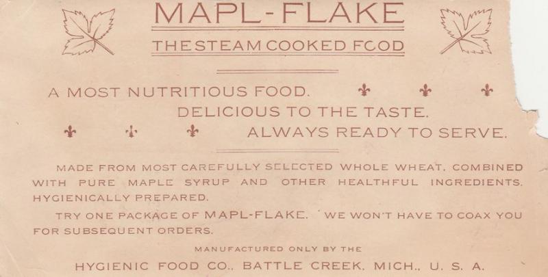 Victorian Trade Card Mapl-Flake Breakfast Food Hygienic Food Co Battle Creek MI