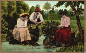 Vintage Postcard 1909 Boy And Two Girls Went On Fishing Just A Few Lines