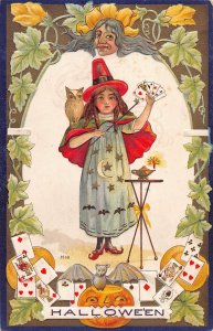 J87/ Halloween Postcard Holiday c1910 Witch Owl Playing Cards Tricks 47